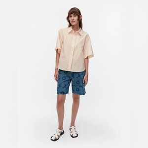 Marimekko SINERTÄVÄ AITA Short Sleeve Orange White Striped Shirt 44 Large